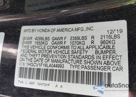 2020 Honda Accord Lx z USA, uszkodzony, nr VIN 1HGCV1F16LA044993